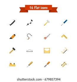 Set Of 16 Editable Instrument Flat Icons. Includes Symbols Such As Tool, Turn-Screw, Bit And More. Can Be Used For Web, Mobile, UI And Infographic Design.
