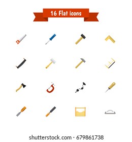 Set Of 16 Editable Instrument Flat Icons. Includes Symbols Such As Clinch, Tool, Saw And More. Can Be Used For Web, Mobile, UI And Infographic Design.