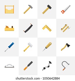 Set of 16 editable instrument icons flat style. Includes symbols such as tool kit, metal bar, clinch and more. Can be used for web, mobile, UI and infographic design.