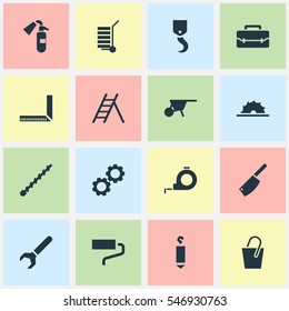 Set Of 16 Editable Instrument Icons. Includes Symbols Such As Cogwheel, Bore, Band. Can Be Used For Web, Mobile, UI And Infographic Design.