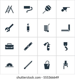 Set Of 16 Editable Instrument Icons. Includes Symbols Such As Sheave, Brush, Toolbox And More. Can Be Used For Web, Mobile, UI And Infographic Design.