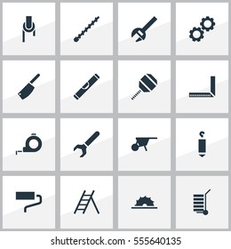 Set Of 16 Editable Instrument Icons. Includes Symbols Such As Sawblade, Cogwheel, Bore And More. Can Be Used For Web, Mobile, UI And Infographic Design.