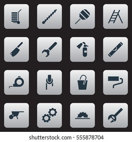 Set Of 16 Editable Instrument Icons. Includes Symbols Such As Screw Wrench, Shipment, Excavate And More. Can Be Used For Web, Mobile, UI And Infographic Design.
