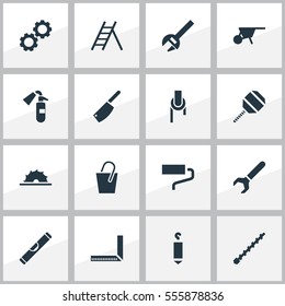 Set Of 16 Editable Instrument Icons. Includes Symbols Such As Sawblade, Bore, Screw Wrench And More. Can Be Used For Web, Mobile, UI And Infographic Design.