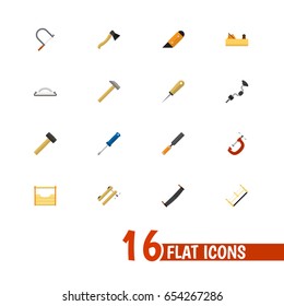 Set Of 16 Editable Instrument Icons. Includes Symbols Such As Emery Paper, Hacksaw, Saw And More. Can Be Used For Web, Mobile, UI And Infographic Design.