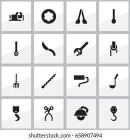 Set Of 16 Editable Instrument Icons. Includes Symbols Such As Balance, Skimmer, Crane And More. Can Be Used For Web, Mobile, UI And Infographic Design.
