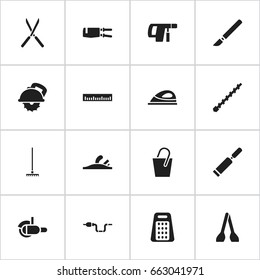 Set Of 16 Editable Instrument Icons. Includes Symbols Such As Cuisine Utensil, Screwdriver, Cutter Machine And More. Can Be Used For Web, Mobile, UI And Infographic Design.