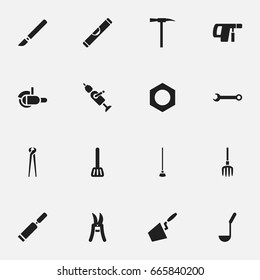 Set Of 16 Editable Instrument Icons. Includes Symbols Such As Hay Fork, Putty Knife, Pincers And More. Can Be Used For Web, Mobile, UI And Infographic Design.