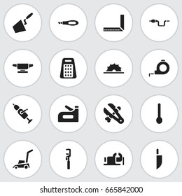 Set Of 16 Editable Instrument Icons. Includes Symbols Such As Nippers, Spanner, Trowel And More. Can Be Used For Web, Mobile, UI And Infographic Design.
