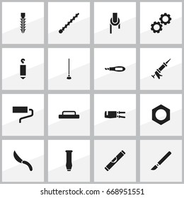 Set Of 16 Editable Instrument Icons. Includes Symbols Such As Medical Instrument, Cogwheel, Bore And More. Can Be Used For Web, Mobile, UI And Infographic Design.