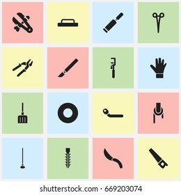 Set Of 16 Editable Instrument Icons. Includes Symbols Such As Jackknife, Gauntlet, Equipment And More. Can Be Used For Web, Mobile, UI And Infographic Design.