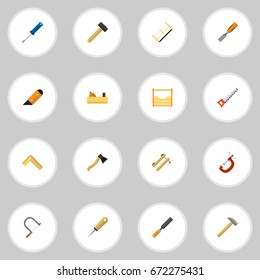 Set Of 16 Editable Instrument Icons. Includes Symbols Such As Clamp, Malleus, Hammer And More. Can Be Used For Web, Mobile, UI And Infographic Design.