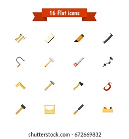 Set Of 16 Editable Instrument Icons. Includes Symbols Such As Malleus, Saw, Knife And More. Can Be Used For Web, Mobile, UI And Infographic Design.