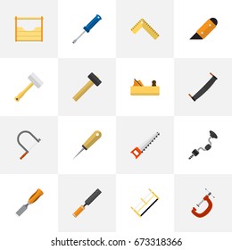 Set Of 16 Editable Instrument Icons. Includes Symbols Such As Tool, Rasp, Knife And More. Can Be Used For Web, Mobile, UI And Infographic Design.