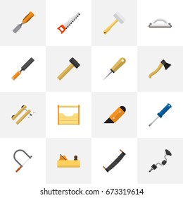 Set Of 16 Editable Instrument Icons. Includes Symbols Such As Clamp, Turn-Screw, Axe And More. Can Be Used For Web, Mobile, UI And Infographic Design.