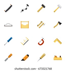 Set Of 16 Editable Instrument Icons. Includes Symbols Such As Handsaw, Boer, Axe. Can Be Used For Web, Mobile, UI And Infographic Design.