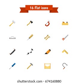 Set Of 16 Editable Instrument Icons. Includes Symbols Such As Emery Paper, Jointer, Meter And More. Can Be Used For Web, Mobile, UI And Infographic Design.