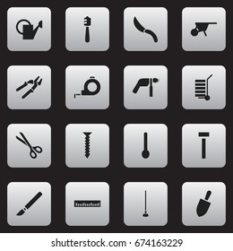 Set Of 16 Editable Instrument Icons. Includes Symbols Such As Press Instrument, Dowel, Drill And More. Can Be Used For Web, Mobile, UI And Infographic Design.