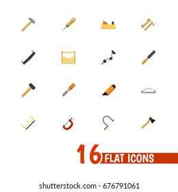 Set Of 16 Editable Instrument Icons. Includes Symbols Such As Jointer, Hacksaw, Emery Paper And More. Can Be Used For Web, Mobile, UI And Infographic Design.