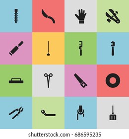 Set Of 16 Editable Instrument Icons. Includes Symbols Such As Spanner, Honey Stick, Circle Spanner And More. Can Be Used For Web, Mobile, UI And Infographic Design.