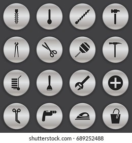 Set Of 16 Editable Instrument Icons. Includes Symbols Such As Pincers, Repairing Tool, Shear And More. Can Be Used For Web, Mobile, UI And Infographic Design.