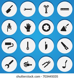 Set Of 16 Editable Instrument Icons. Includes Symbols Such As Skimmer, Sheave, Gauntlet And More. Can Be Used For Web, Mobile, UI And Infographic Design.