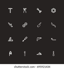 Set Of 16 Editable Instrument Outline Icons. Includes Symbols Such As Circle Spanner, Jackknife, Plane And More. Can Be Used For Web, Mobile, UI And Infographic Design.