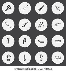 Set Of 16 Editable Instrument Outline Icons. Includes Symbols Such As Bolt, Kitchen Spoon, Sealant And More. Can Be Used For Web, Mobile, UI And Infographic Design.