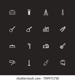 Set Of 16 Editable Instrument Outline Icons. Includes Symbols Such As Fastener, Tongs, Saw And More. Can Be Used For Web, Mobile, UI And Infographic Design.