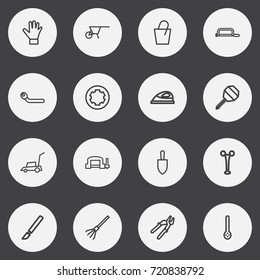 Set Of 16 Editable Instrument Outline Icons. Includes Symbols Such As Handcart, Pail, Forceps. Can Be Used For Web, Mobile, UI And Infographic Design.