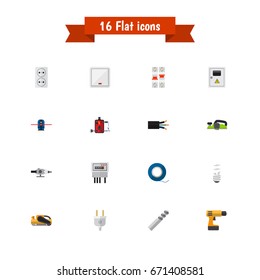 Set Of 16 Editable Instruments Icons. Includes Symbols Such As Outlet, Electric, Auger And More. Can Be Used For Web, Mobile, UI And Infographic Design.