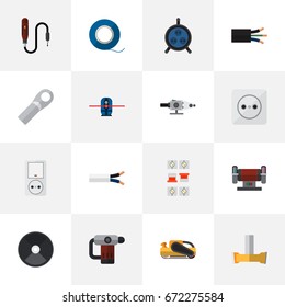 Set Of 16 Editable Instruments Icons. Includes Symbols Such As Cable, Receptacle, Connection And More. Can Be Used For Web, Mobile, UI And Infographic Design.