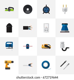 Set Of 16 Editable Instruments Icons. Includes Symbols Such As Wire, Outlet, Jig Saw And More. Can Be Used For Web, Mobile, UI And Infographic Design.