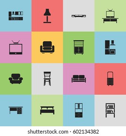 Set Of 16 Editable Interior Icons. Includes Symbols Such As Tv, Settee, Cooking Furnishings And More. Can Be Used For Web, Mobile, UI And Infographic Design.