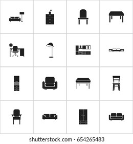 Set Of 16 Editable Interior Icons. Includes Symbols Such As Lamp, Office, Wooden Table And More. Can Be Used For Web, Mobile, UI And Infographic Design.