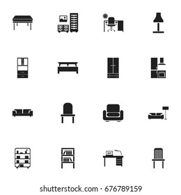 Set Of 16 Editable Interior Icons. Includes Symbols Such As Wardrobe, Sofa, Cabinet And More. Can Be Used For Web, Mobile, UI And Infographic Design.
