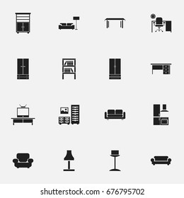 Set Of 16 Editable Interior Icons. Includes Symbols Such As Bookrack, Enlightenment, Tv And More. Can Be Used For Web, Mobile, UI And Infographic Design.