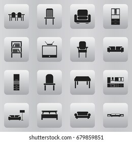 Set Of 16 Editable Interior Icons. Includes Symbols Such As Lamp, Bookrack, Restaurant Table And More. Can Be Used For Web, Mobile, UI And Infographic Design.
