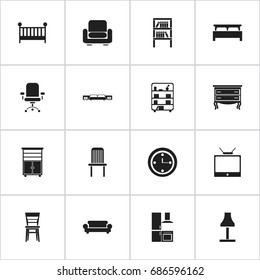 Set Of 16 Editable Interior Icons. Includes Symbols Such As Canape, Ergonomic Seat, Glim And More. Can Be Used For Web, Mobile, UI And Infographic Design.