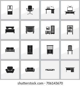 Set Of 16 Editable Interior Icons. Includes Symbols Such As Divan, Tv, Cabinet And More. Can Be Used For Web, Mobile, UI And Infographic Design.