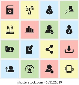 Set Of 16 Editable Internet Icons. Includes Symbols Such As Dossier, Wireless Transmission, Delete Member And More. Can Be Used For Web, Mobile, UI And Infographic Design.