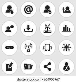 Set Of 16 Editable Internet Icons. Includes Symbols Such As Publish, Edit File, Blocked Person And More. Can Be Used For Web, Mobile, UI And Infographic Design.