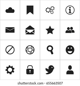 Set Of 16 Editable Internet Icons. Includes Symbols Such As Dove, Tag, Settings And More. Can Be Used For Web, Mobile, UI And Infographic Design.