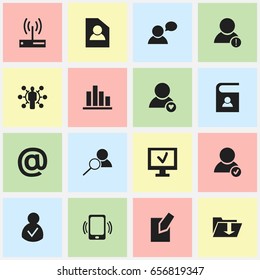 Set Of 16 Editable Internet Icons. Includes Symbols Such As Document, Mail Symbol, Skill And More. Can Be Used For Web, Mobile, UI And Infographic Design.