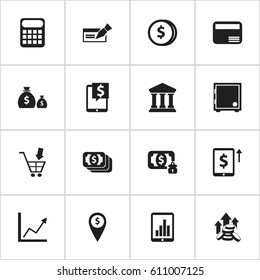 Set Of 16 Editable Investment Icons. Includes Symbols Such As Coins Raise, Shopping Pushcart, Bucks And More. Can Be Used For Web, Mobile, UI And Infographic Design.