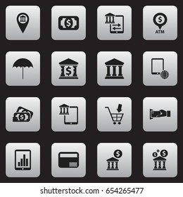 Set Of 16 Editable Investment Icons. Includes Symbols Such As Bar Graph, Automatic Teller Machine, Library And More. Can Be Used For Web, Mobile, UI And Infographic Design.
