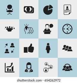 Set Of 16 Editable Job Icons. Includes Symbols Such As Ergonomic Seat, Idea, Publish And More. Can Be Used For Web, Mobile, UI And Infographic Design.