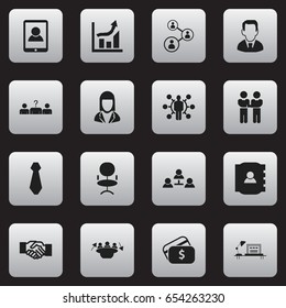Set Of 16 Editable Job Icons. Includes Symbols Such As Partnership, Businesswoman, Candidate. Can Be Used For Web, Mobile, UI And Infographic Design.