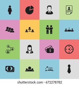 Set Of 16 Editable Job Icons. Includes Symbols Such As Candidate, Cravat, Payment. Can Be Used For Web, Mobile, UI And Infographic Design.