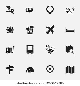 Set of 16 editable journey icons. Includes symbols such as booklet, tourist information, location and more. Can be used for web, mobile, UI and infographic design.